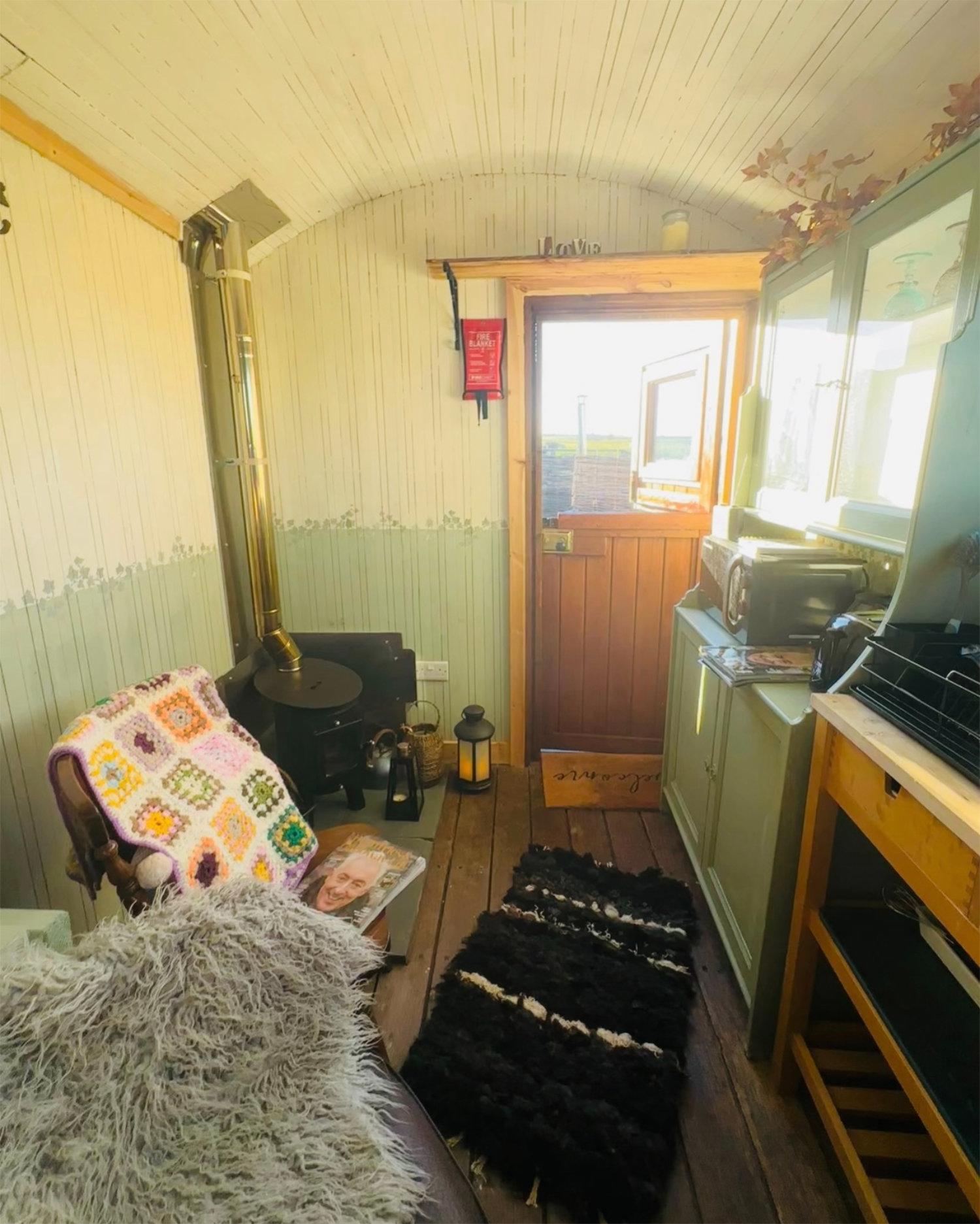 inside the Black Sheep shepherds hut at Balnab Farm